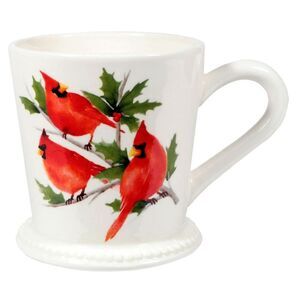 Red Cardinal on Holly Branch White Footed Coffee Tea Mug 14 Ounces